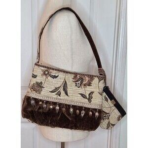 Vintage Sharif Tapestry Shoulder Bag Brown Floral With Cosmetic Bag NWOT